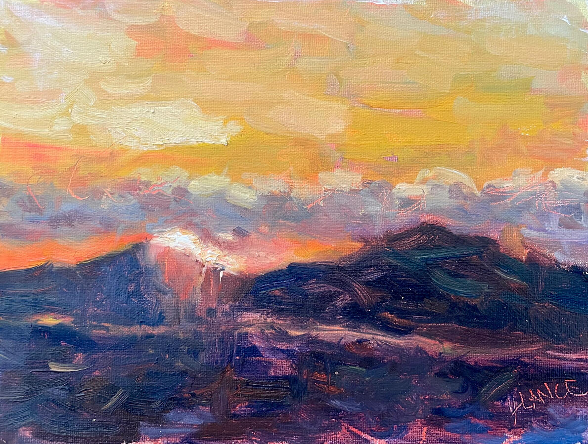 Volcano Sunset Vista — Oil on linen panel, 6 x 8 in. $175