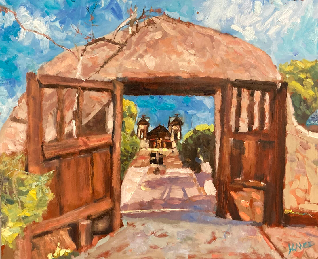Chimayo, Open Arms — oil on wood panel • 16 x 20 in., $950 ——- Chimayo, Open Arms is an original 16 × 20 inch impressionist oil painting by Santa Fe artist Joshua Lance. Inspired by the landscape and light of Chimayo, New Mexico, the painting explores th